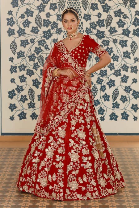Shop Amrin Khan Red Velvet Zardozi Floral Motifs Leaf Neck Embroidered Bridal Lehenga Set at Aza Fashions Shop_Amrin Khan_Red Velvet Zardozi Floral Motifs Leaf Neck Embroidered Bridal Lehenga Set _at_Aza_Fashions