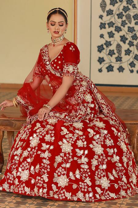 Shop Amrin Khan Red Velvet Zardozi Floral Motifs Leaf Neck Embroidered Bridal Lehenga Set Online at Aza Fashions Shop_Amrin Khan_Red Velvet Zardozi Floral Motifs Leaf Neck Embroidered Bridal Lehenga Set _Online_at_Aza_Fashions