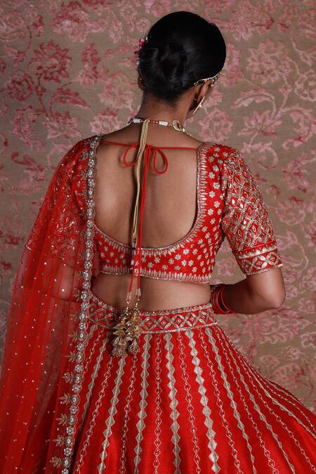 Shop_Amrin Khan_Red Raw Silk, Net Zardozi Floral Motifs Square Embroidered Bridal Lehenga Set _at_Aza_Fashions