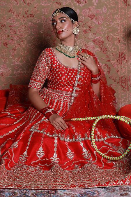 Buy_Amrin Khan_Red Raw Silk, Net Zardozi Floral Motifs Square Embroidered Bridal Lehenga Set _Online_at_Aza_Fashions