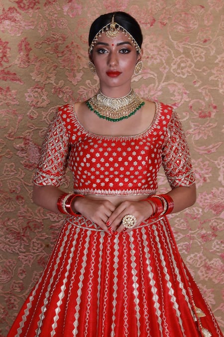Amrin Khan_Red Raw Silk, Net Zardozi Floral Motifs Square Embroidered Bridal Lehenga Set _at_Aza_Fashions