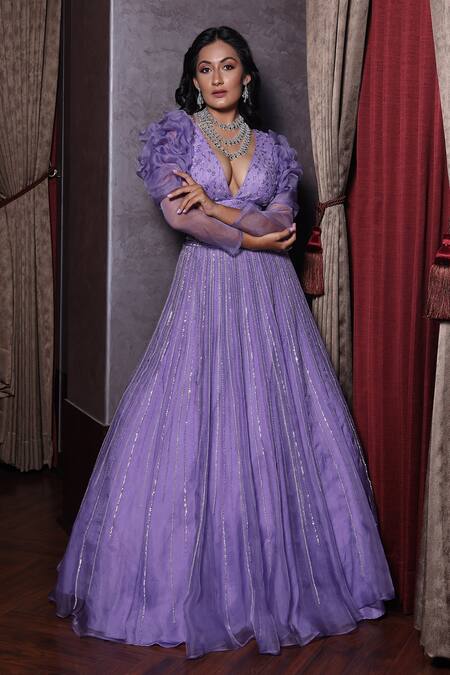 Buy_Amrin Khan_Purple Organza Sequins Plunge V Neck Embroidered Lehenga Set _Online_at_Aza_Fashions