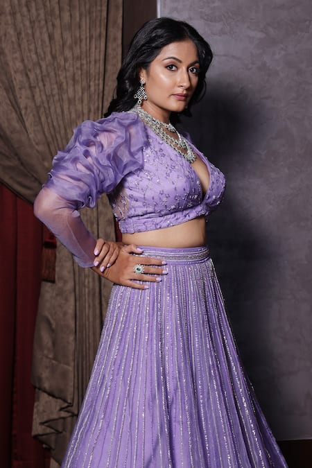 Buy Purple Organza Embroidered Sequins V Neck Blouse Bridal Lehenga Set For  Women by Kisneel by Pam Online at Aza Fashions.