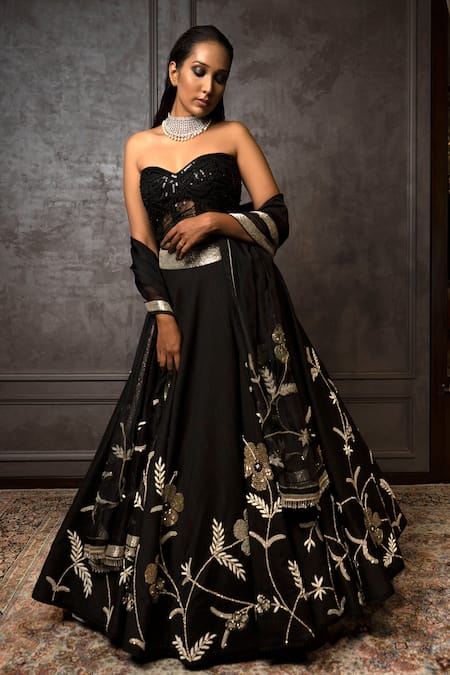 Amrin Khan_Black Organza, Pure Raw Silk Zardozi Floral Motifs Embroidered Lehenga Set _Online_at_Aza_Fashions