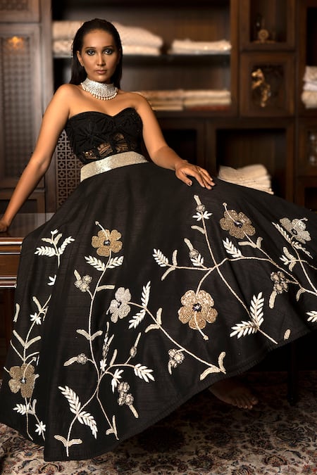 Buy_Amrin Khan_Black Organza, Pure Raw Silk Zardozi Floral Motifs Embroidered Lehenga Set _Online_at_Aza_Fashions