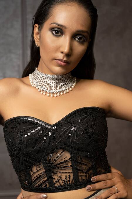 Shop_Amrin Khan_Black Organza, Pure Raw Silk Zardozi Floral Motifs Embroidered Lehenga Set _Online_at_Aza_Fashions