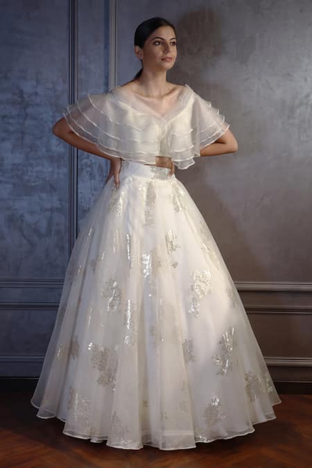 Shop Amrin Khan White Organza Floral Motifs Broad V Neck Foil Print Skirt Set at Aza Fashions Shop_Amrin Khan_White Organza Floral Motifs Broad V Neck Foil Print Skirt Set _at_Aza_Fashions