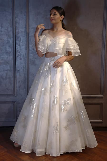 Buy Amrin Khan White Organza Floral Motifs Broad V Neck Foil Print Skirt Set Online at Aza Fashions Buy_Amrin Khan_White Organza Floral Motifs Broad V Neck Foil Print Skirt Set _Online_at_Aza_Fashions