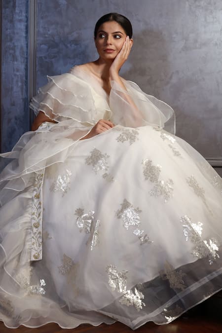 Shop Amrin Khan White Organza Floral Motifs Broad V Neck Foil Print Skirt Set Online at Aza Fashions Shop_Amrin Khan_White Organza Floral Motifs Broad V Neck Foil Print Skirt Set _Online_at_Aza_Fashions