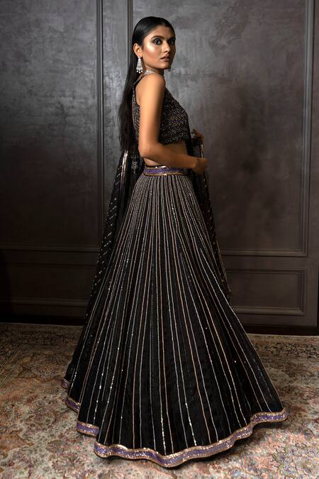 Amrin Khan Black Raw Silk, Organza Cutdana, Pearls, Sequins Square Embroidered Lehenga Set Online at Aza Fashions Amrin Khan_Black Raw Silk, Organza Cutdana, Pearls, Sequins Square Embroidered Lehenga Set _Online_at_Aza_Fashions