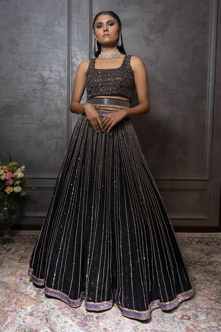 Buy Amrin Khan Black Raw Silk, Organza Cutdana, Pearls, Sequins Square Embroidered Lehenga Set Online at Aza Fashions Buy_Amrin Khan_Black Raw Silk, Organza Cutdana, Pearls, Sequins Square Embroidered Lehenga Set _Online_at_Aza_Fashions