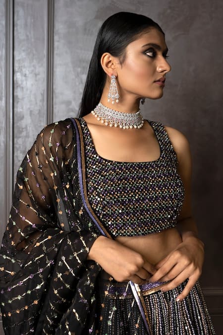 Shop Amrin Khan Black Raw Silk, Organza Cutdana, Pearls, Sequins Square Embroidered Lehenga Set Online at Aza Fashions Shop_Amrin Khan_Black Raw Silk, Organza Cutdana, Pearls, Sequins Square Embroidered Lehenga Set _Online_at_Aza_Fashions