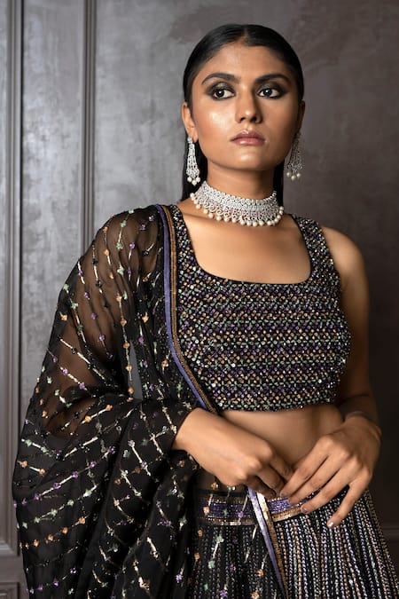 Amrin Khan Black Raw Silk, Organza Cutdana, Pearls, Sequins Square Embroidered Lehenga Set at Aza Fashions Amrin Khan_Black Raw Silk, Organza Cutdana, Pearls, Sequins Square Embroidered Lehenga Set _at_Aza_Fashions