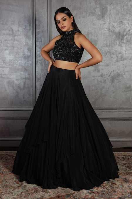 Amrin Khan_Black Organza, Satin Silk Cutdana High Neck Layered Lehenga Set _Online_at_Aza_Fashions