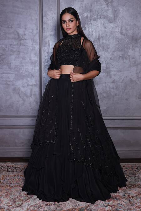 Buy_Amrin Khan_Black Organza, Satin Silk Cutdana High Neck Layered Lehenga Set _Online_at_Aza_Fashions