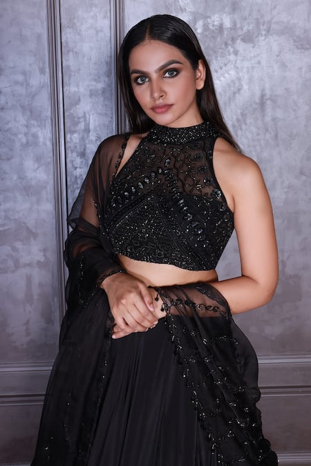 Shop_Amrin Khan_Black Organza, Satin Silk Cutdana High Neck Layered Lehenga Set _Online_at_Aza_Fashions