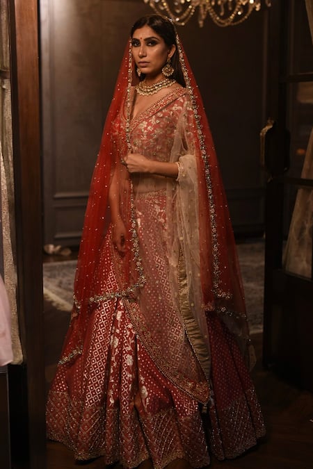 Shop Amrin Khan Red Chanderi Silk Zardozi Floral Motifs Plunge V Embroidered Bridal Lehenga Set at Aza Fashions Shop_Amrin Khan_Red Chanderi Silk Zardozi Floral Motifs Plunge V Embroidered Bridal Lehenga Set _at_Aza_Fashions