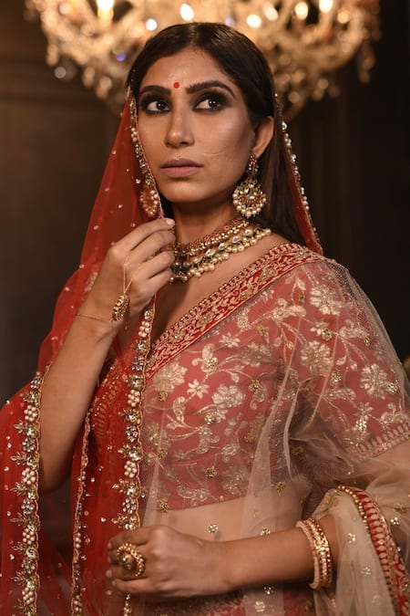 Amrin Khan Red Chanderi Silk Zardozi Floral Motifs Plunge V Embroidered Bridal Lehenga Set Online at Aza Fashions Amrin Khan_Red Chanderi Silk Zardozi Floral Motifs Plunge V Embroidered Bridal Lehenga Set _Online_at_Aza_Fashions