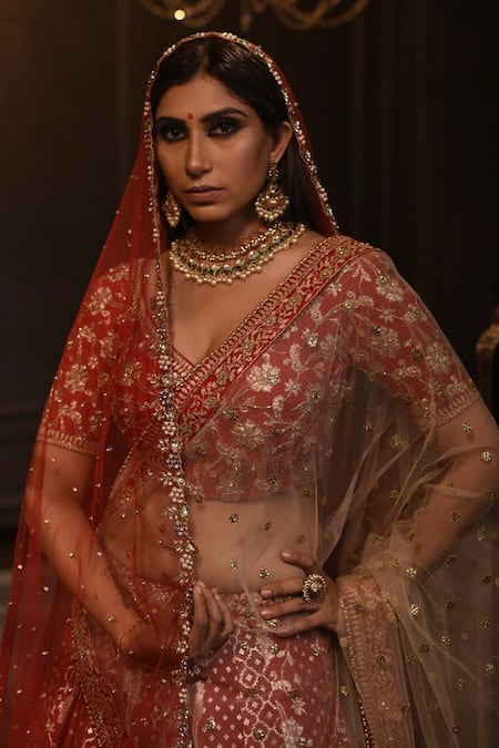 Buy Amrin Khan Red Chanderi Silk Zardozi Floral Motifs Plunge V Embroidered Bridal Lehenga Set Online at Aza Fashions Buy_Amrin Khan_Red Chanderi Silk Zardozi Floral Motifs Plunge V Embroidered Bridal Lehenga Set _Online_at_Aza_Fashions