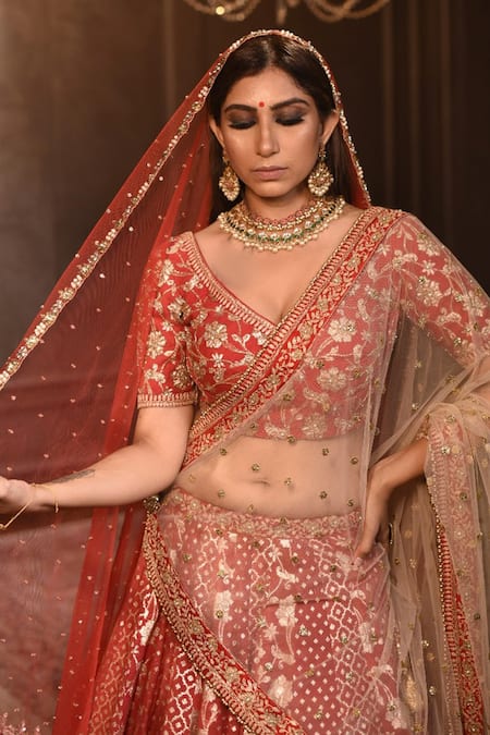 Shop Amrin Khan Red Chanderi Silk Zardozi Floral Motifs Plunge V Embroidered Bridal Lehenga Set Online at Aza Fashions Shop_Amrin Khan_Red Chanderi Silk Zardozi Floral Motifs Plunge V Embroidered Bridal Lehenga Set _Online_at_Aza_Fashions