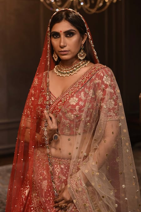 Amrin Khan Red Chanderi Silk Zardozi Floral Motifs Plunge V Embroidered Bridal Lehenga Set at Aza Fashions Amrin Khan_Red Chanderi Silk Zardozi Floral Motifs Plunge V Embroidered Bridal Lehenga Set _at_Aza_Fashions