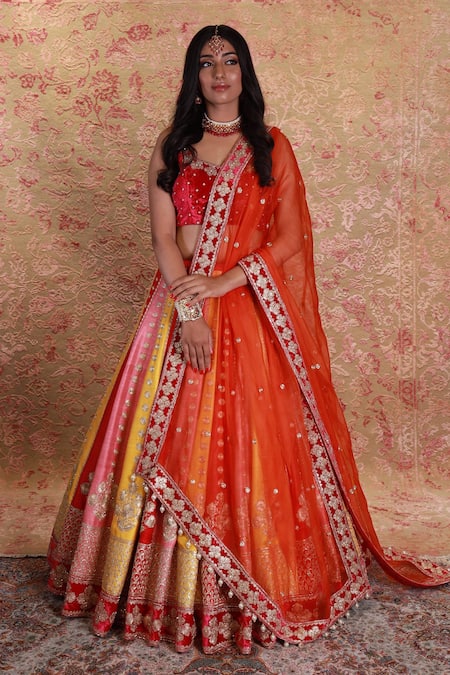 Amrin khan Multi Color Raw Silk Embroidered Colorblock Bridal Lehenga Set 