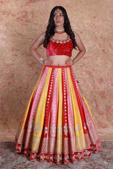Shop Amrin Khan Multi Color Raw Silk, Mulmul Pearls, Colorblock Embroidered Bridal Lehenga Set at Aza Fashions Shop_Amrin Khan_Multi Color Raw Silk, Mulmul Pearls, Colorblock Embroidered Bridal Lehenga Set _at_Aza_Fashions