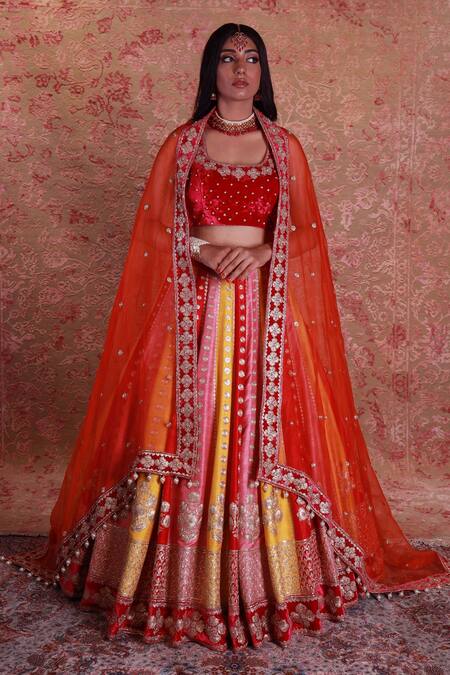 Amrin Khan Multi Color Raw Silk, Mulmul Pearls, Colorblock Embroidered Bridal Lehenga Set Online at Aza Fashions Amrin Khan_Multi Color Raw Silk, Mulmul Pearls, Colorblock Embroidered Bridal Lehenga Set _Online_at_Aza_Fashions