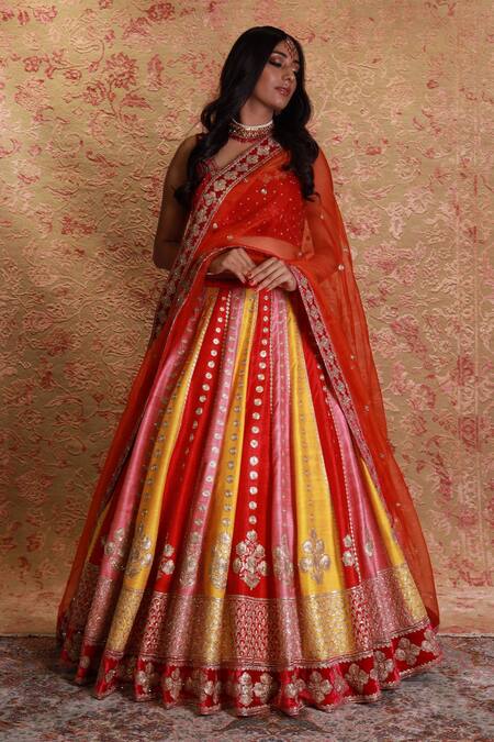 Buy Amrin Khan Multi Color Raw Silk, Mulmul Pearls, Colorblock Embroidered Bridal Lehenga Set Online at Aza Fashions Buy_Amrin Khan_Multi Color Raw Silk, Mulmul Pearls, Colorblock Embroidered Bridal Lehenga Set _Online_at_Aza_Fashions