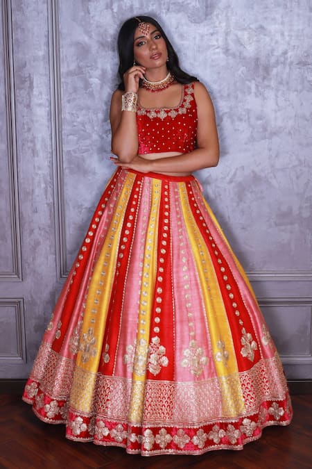 Shop Amrin Khan Multi Color Raw Silk, Mulmul Pearls, Colorblock Embroidered Bridal Lehenga Set Online at Aza Fashions Shop_Amrin Khan_Multi Color Raw Silk, Mulmul Pearls, Colorblock Embroidered Bridal Lehenga Set _Online_at_Aza_Fashions