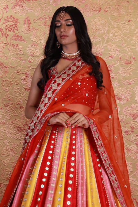 Amrin Khan Multi Color Raw Silk, Mulmul Pearls, Colorblock Embroidered Bridal Lehenga Set at Aza Fashions Amrin Khan_Multi Color Raw Silk, Mulmul Pearls, Colorblock Embroidered Bridal Lehenga Set _at_Aza_Fashions