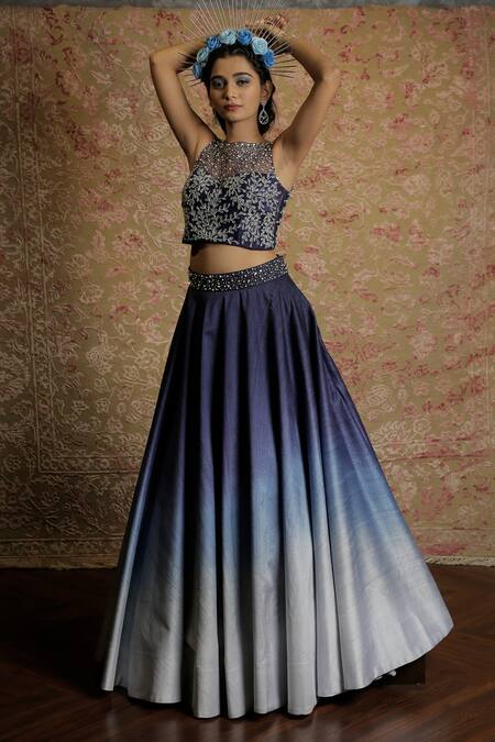 Amrin Khan_Blue Pearls, Cutdana Floral Motifs, Zardozi Raw Silk Ombre Lehenga And Blouse Set _Online_at_Aza_Fashions