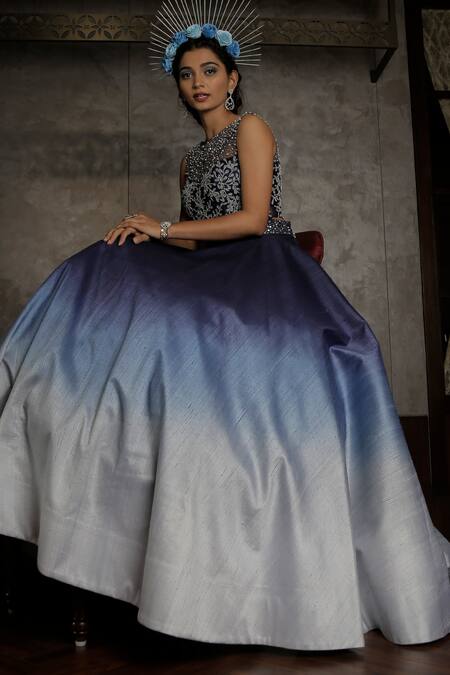 Buy_Amrin Khan_Blue Pearls, Cutdana Floral Motifs, Zardozi Raw Silk Ombre Lehenga And Blouse Set _Online_at_Aza_Fashions