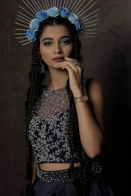 Amrin Khan_Blue Pearls, Cutdana Floral Motifs, Zardozi Raw Silk Ombre Lehenga And Blouse Set _at_Aza_Fashions