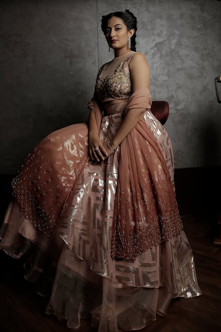 Buy_Amrin Khan_Peach Sequins, Cutdana Floral Motifs Round Raw Silk Layered Lehenga Set _Online_at_Aza_Fashions