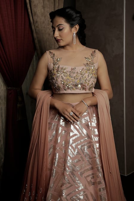 Amrin Khan_Peach Sequins, Cutdana Floral Motifs Round Raw Silk Layered Lehenga Set _at_Aza_Fashions