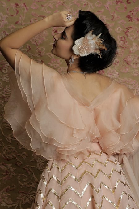 Shop_Amrin Khan_Peach Pure Organza Chevron Foil Work, Cutdana And Skirt Set With Ruffle Blouse _at_Aza_Fashions
