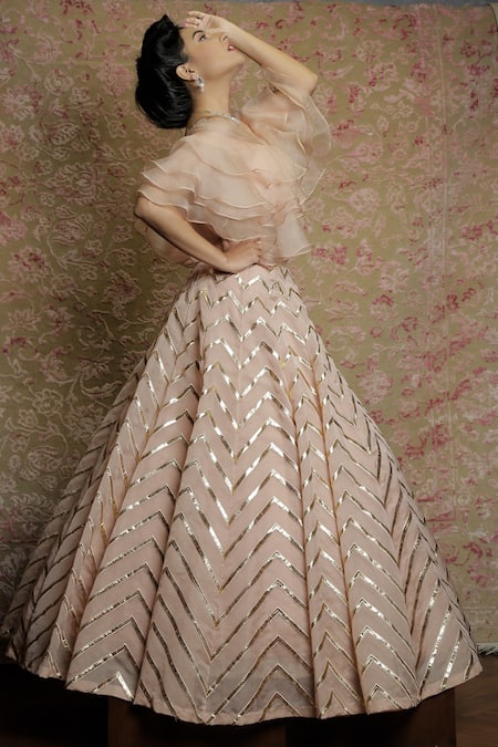 Amrin Khan_Peach Pure Organza Chevron Foil Work, Cutdana And Skirt Set With Ruffle Blouse _Online_at_Aza_Fashions