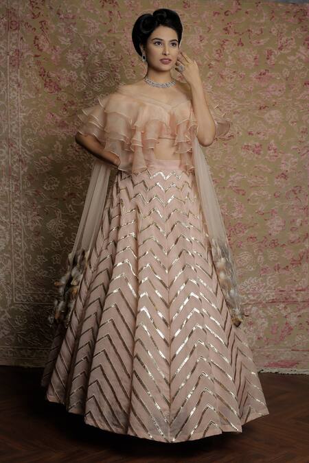 Buy_Amrin Khan_Peach Pure Organza Chevron Foil Work, Cutdana And Skirt Set With Ruffle Blouse _Online_at_Aza_Fashions
