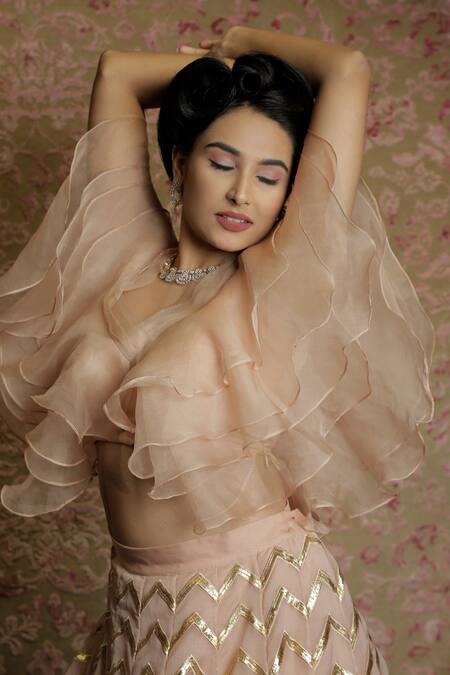 Amrin Khan_Peach Pure Organza Chevron Foil Work, Cutdana And Skirt Set With Ruffle Blouse _at_Aza_Fashions