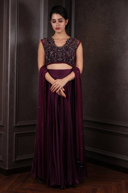 Amrin Khan_Wine Net, Satin Silk Cutdana V Neck Lehenga Set _Online_at_Aza_Fashions
