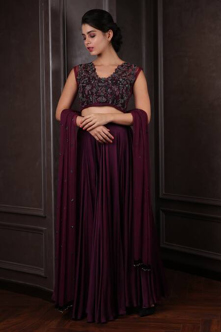 Buy_Amrin Khan_Wine Net, Satin Silk Cutdana V Neck Lehenga Set _Online_at_Aza_Fashions