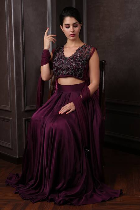 Shop_Amrin Khan_Wine Net, Satin Silk Cutdana V Neck Lehenga Set _Online_at_Aza_Fashions