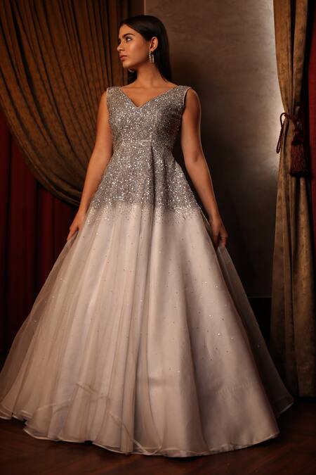 Amrin Khan_Grey Satin Silk, Pure Organza Sequins V Neck Embroidered Gown _Online_at_Aza_Fashions