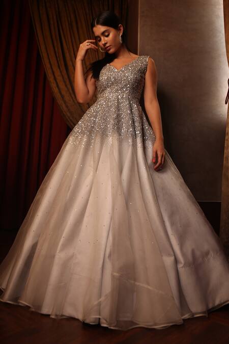 Buy_Amrin Khan_Grey Satin Silk, Pure Organza Sequins V Neck Embroidered Gown _Online_at_Aza_Fashions