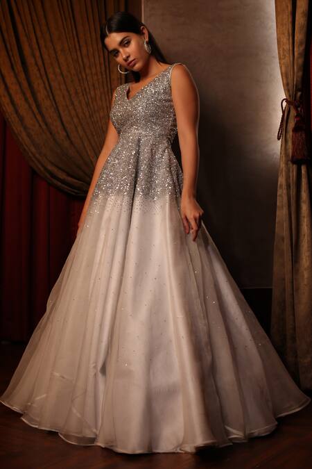 Shop_Amrin Khan_Grey Satin Silk, Pure Organza Sequins V Neck Embroidered Gown _Online_at_Aza_Fashions