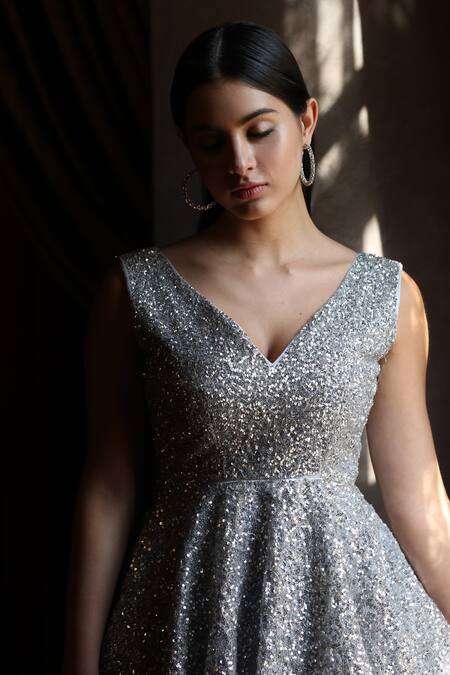 Amrin Khan_Grey Satin Silk, Pure Organza Sequins V Neck Embroidered Gown _at_Aza_Fashions