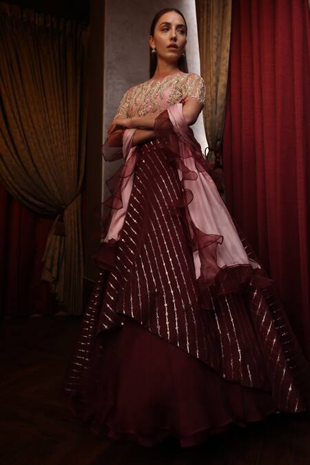Amrin Khan Maroon Pure Organza Cutdana Round Layered Lehenga Set Online at Aza Fashions Amrin Khan_Maroon Pure Organza Cutdana Round Layered Lehenga Set _Online_at_Aza_Fashions