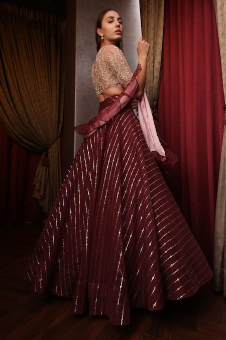 Shop_Amrin Khan_Maroon Pure Organza Cutdana Round Layered Lehenga Set _at_Aza_Fashions