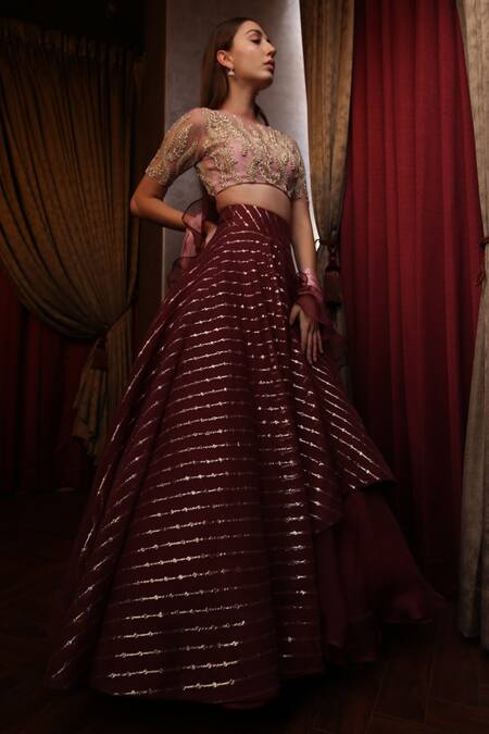 Buy_Amrin Khan_Maroon Pure Organza Cutdana Round Layered Lehenga Set _Online_at_Aza_Fashions